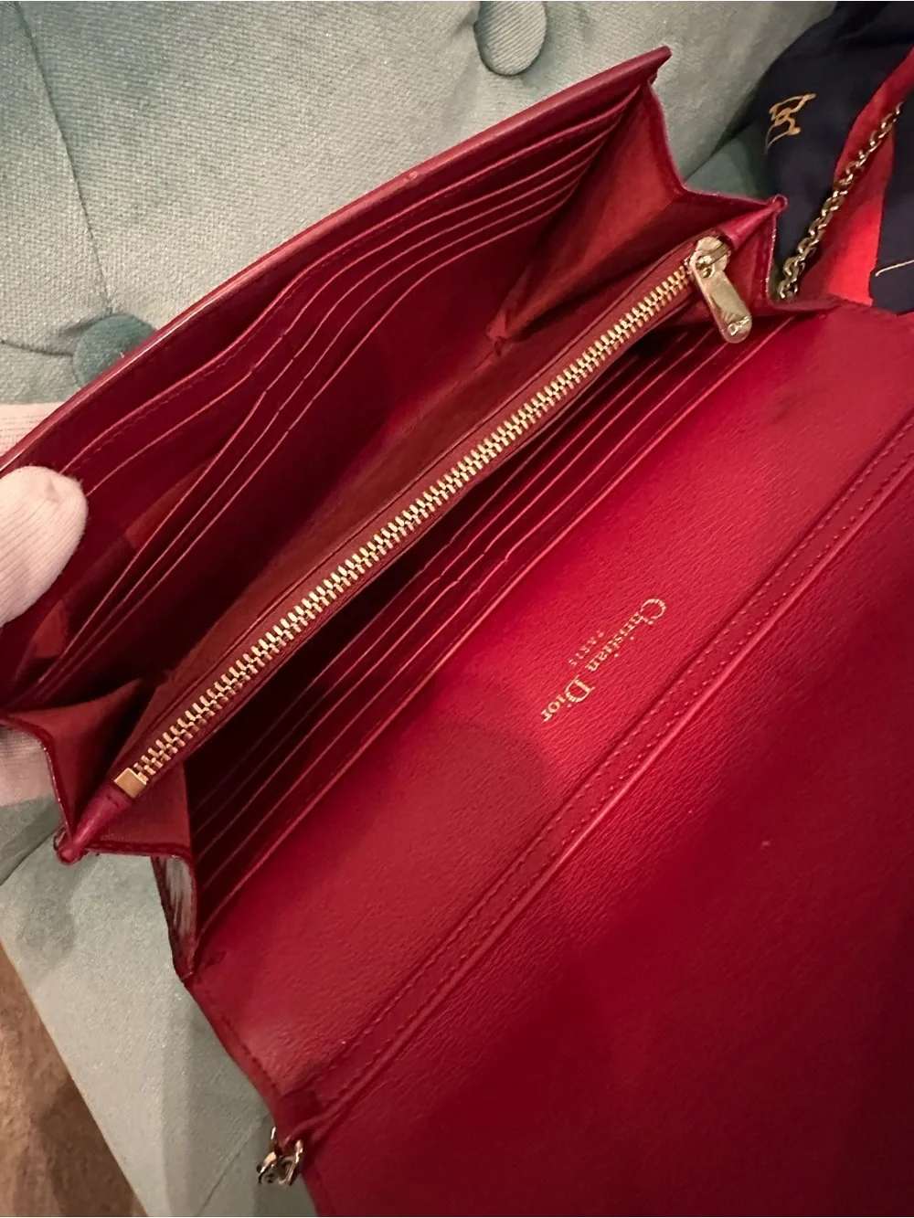 Dior Red Patent Leather Clutch with Gold CD Emblem and Chain